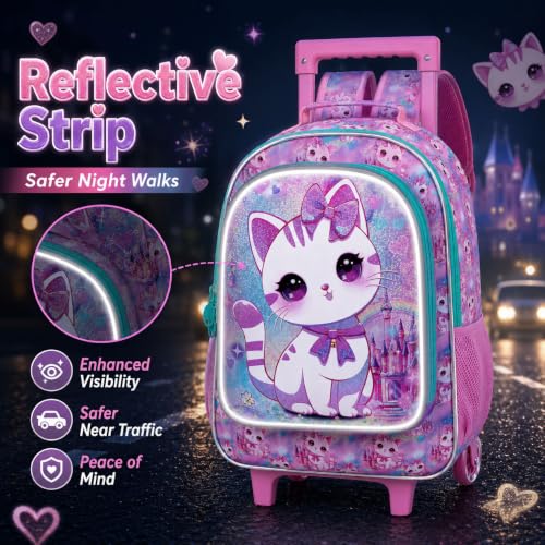 Image of CCJPX 3PCS Rolling Backpack for Girls,Kids Cat Backpacks with Roller Wheels, Wheeled Bookbag with Lunch Box for Toddler Elementary School