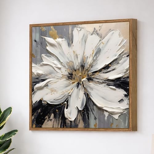 Image of PAINTINGMANTRA Abstract White Flower Framed Painting For Living Room | Modern Impasto Floral Large Canvas Painting With Frame Wall Art For Bedroom, Hallway's, Office, Hotel, Size 58x58 cm