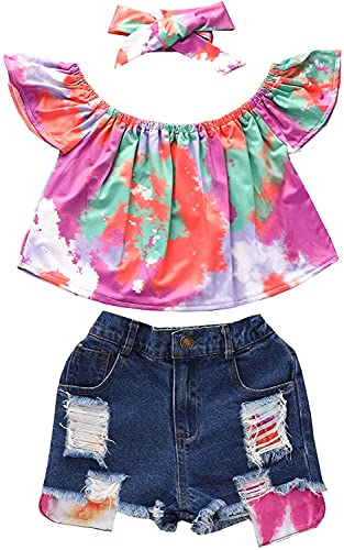 Kids Girl Summer Short Outfits Tie Dye Ruffle Sleeve Off Shoulder Crop Tops + Ripped Denim Shorts Outfits Set (Red,6-7 T)