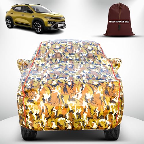 Image of Walser Waterproof Car Cover for Renault Kiger | All-Weather Full Car Body Protection | with Mirror & Antenna Pocket | Dustproof, Windproof & Anti-Scratch Lining, Camouflage