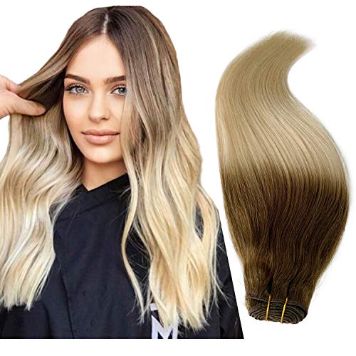 Straight Hair Weave Ombre Sew in Human Hair Extensions Platinum Blonde with Ash Brown Rooted Brazilian Hair Bundles for Women 14 Inch 80grams