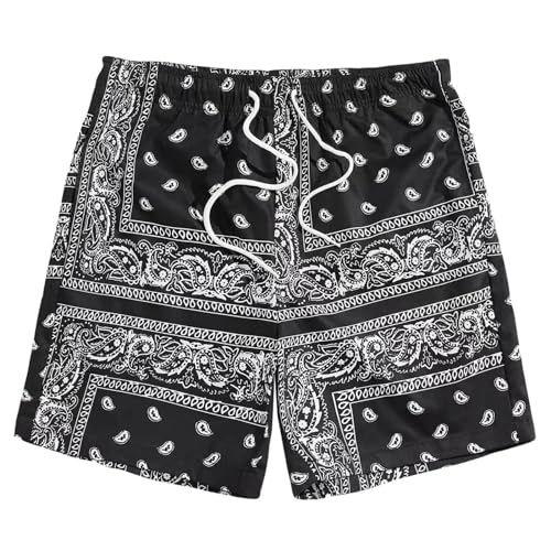 Mens Pajama Shorts,Beach Vacation Essentials Men's Swim Board Shorts, Men's Boho Tribal Paisley Print Drawstring Waist Summer Beach Hawaiian Cool Graphic Short Men Black M