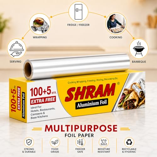 Image of Aluminium Foil 100 Meter + 5 Meter Free | 11 Micron Food Grade Kitchen Foil Roll | Safe Paper Zigzag Cutter | Multipurpose Foil for Home, Hotel & Restaurant Use | Baking, Grilling & Food Wrapping