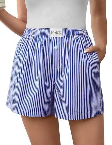 Image of LOMON Boxer Shorts for Women Summer Gingham Pajamas 2026 Lounge Sleep Pj Plaid Shorts Y2K Beach Bottoms with Pockets