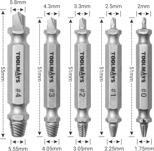 TOOLMAYS Schraubenausdreher Set, 5 Stück Linksausdreher Set, Max. Härte bis zu 66 HRC, Beschädigte Schraube Entferner Extraktor Set