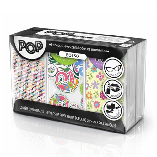 POP, Lenço De Papel Folha Dupla De Bolso Bolsa Mochila Viagem 6 Pacotes 15 Lenços 20,5 x 20,5 Cm