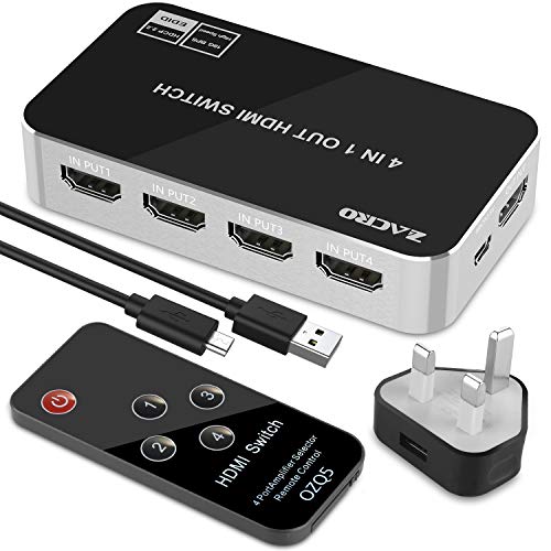 Zacro HDMI Switch 4 In 1 Out HDMI Switcher with Remote Control Supports 4K 3D 1080P HD for PS4 Xbox Sky Box Fire Stick DVD Player HDTV Projector etc.