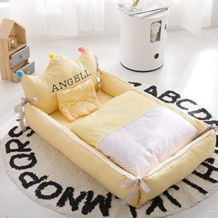 Amazon 王冠型 布団セット ベッドインベッド 防水シーツ付き ベビー布団 ベッドガード 取り外し 洗える可能 おむつ換え 枕付き 掛布団付き イエロー 掛け布団付き 乳幼児用ベッド ベビー マタニティ 通販
