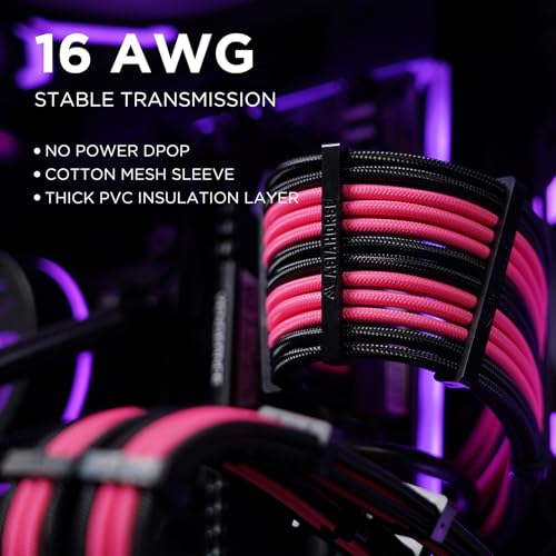 Image of AsiaHorse Upgraded 16AWG PSU Cable Extension Sleeved Custom Mod GPU PC Power Supply Soft Braided Cables (Black-Pink) with Two Color Comb Kit 24P /8P to 6+2P /8P to 4+4P 30CM