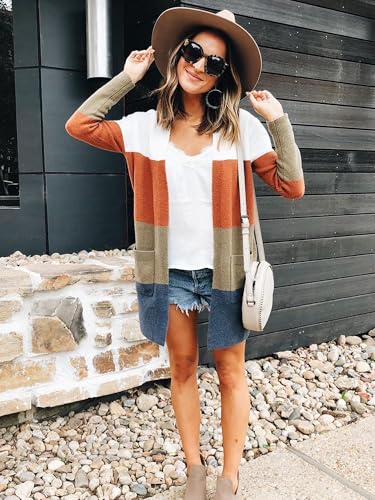 Image of ECOWISH Women Cardigan Sweaters Long Kimono Striped Long Sleeve Open Front Color Block Cozy Knitted Coat Outwear Winter Fall