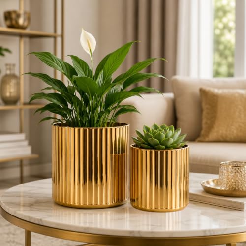 Image of ecofynd 2 Pack Metal Plant Pots (6 inch, 7.5 inch L), Indoor Small Planter Flower Pots, Home Garden Decor Planter for Living Room Bedroom Interior (Gold Finish, POT048)