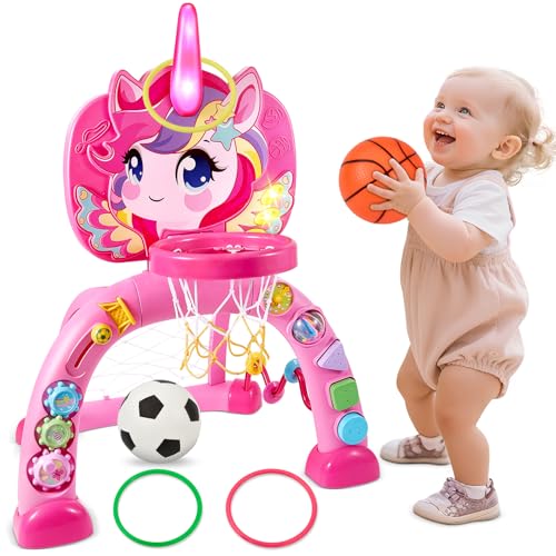 Image of DRAMATION Toddler Basketball Hoop & Soccer Goal & Ring Toss, Unicorn Baby Basketball Hoop Indoor for Kids 1-3 with Lights and 30+ Sounds, Christmas Birthday Gift Toy for Girls 1 2 3 Years Old