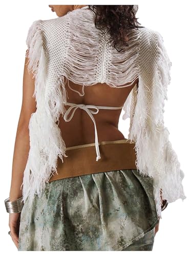 GORGLITTER Women's Crochet Fringe Vest Sleeveless Y2K Cardigan Cowgirl Boho Tops