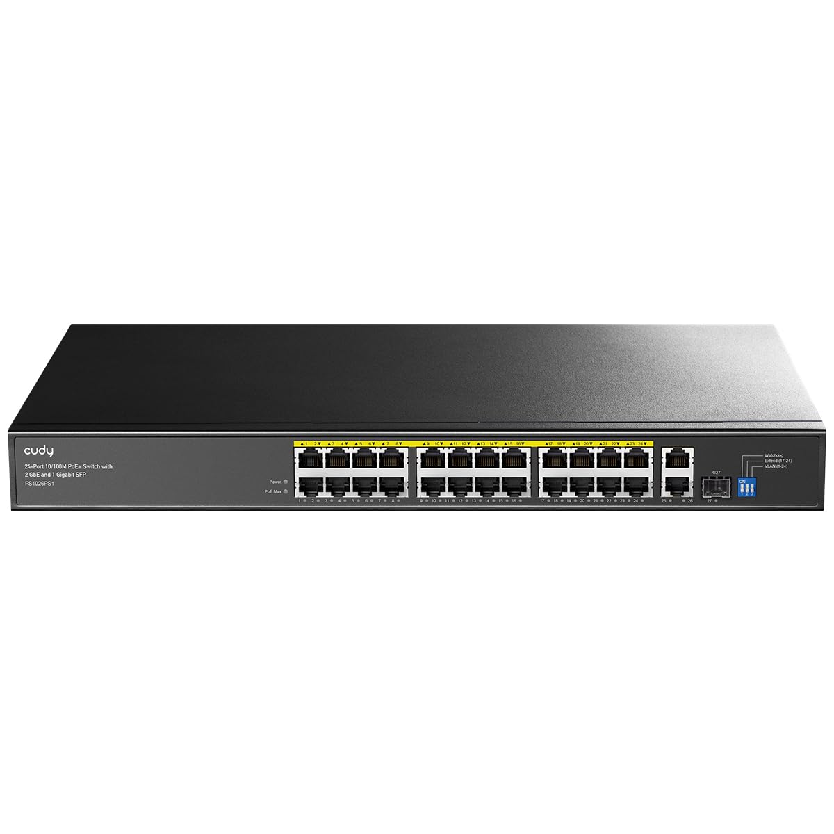 Cudy Switch di Rete 24 Porte 10/100M PoE+ 300W 2 GbE 1 SFP VLAN FS1026PS1 | Unmanaged Rackmount Metal Hub; Plug & Play IEEE 802.3at/af; 250m CCTV Extend; Watchdog Recovery; Alimenta IP Cams, VoIP, APs