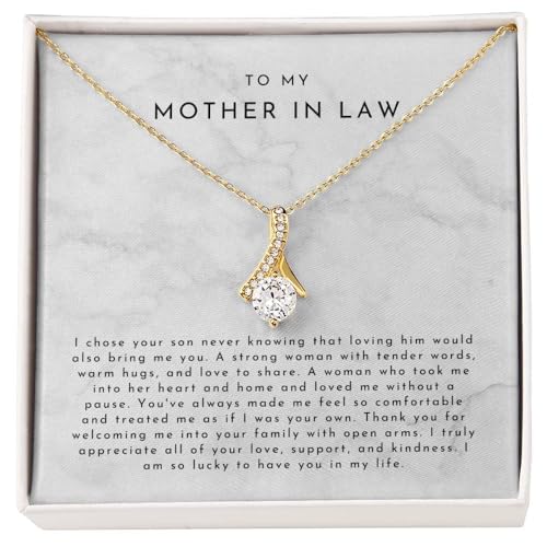 BAE & FRIENDS Mother In Law Gift Necklace Alluring Beauty Ribbon Pendant 7mm Cubic Zirconia Waterproof Tarnish Resistant Jewelry Adjustable 18 to 22 18K Yellow Gold Finish
