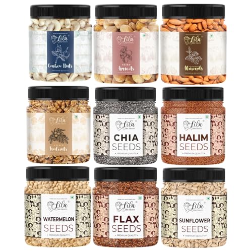Image of LILA DRY FRUITS Nuts & Seeds Combo - Almonds, Cashew, Walnut, Apricots with Chia, Flax, Sunflower, Watermelon & Halim Seeds 100 Gms x 9 | Healthy Snack Mix Perfect for Gifting