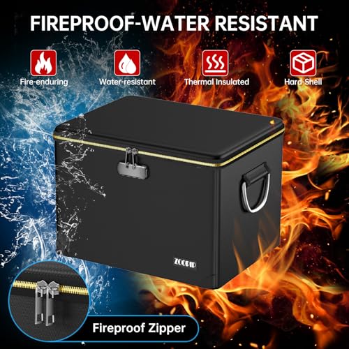Fireproof Document Box with Lock, Black, for Valuables and Files