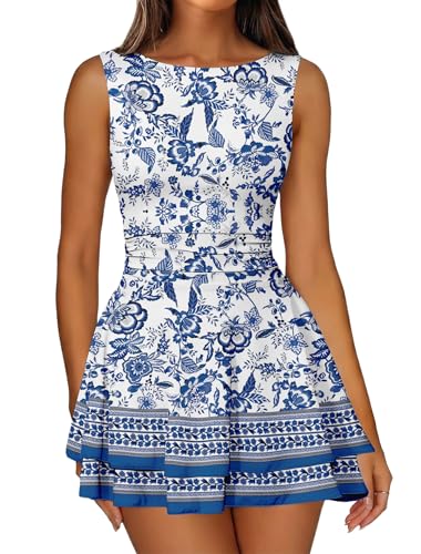 Image of IWD Women's Boat Neck Sleeveless Mini Dress Ruched Waist Flowy Tiered Ruffle Hem A Line Party Short Dresses