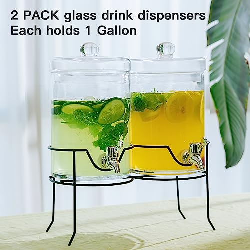 2 Pack Drink Dispenser with Stand Beverage Dispenser 1 Gallon Glass Drink Dispensers for Parties Lemonade Sangria Dispenser Water jug dispenser - Thumbnail 2