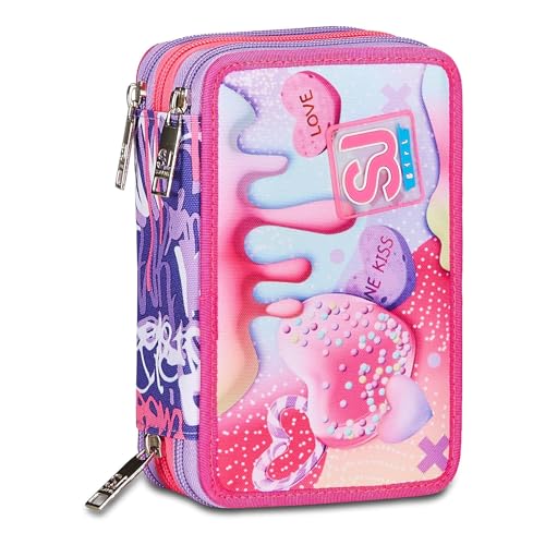 SJ Gang Astuccio Scuola 3 Zip, Rosa, Sphere Full Girl, Portapenne Triplo Scomparto Completo Di Penne, Matite, Colori, Accessori Zaino, Elementari, Medie, Bambina