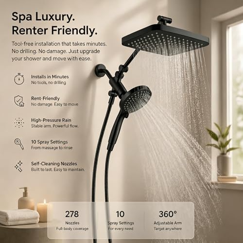 Image of High Pressure Shower Head with Handheld, Upgrade Rain Shower Heads with Fixed Showerhead Combo, 10 Sprays Handheld Shower Head Built in Power Jets, 71 inch Long Hose, Matt Black