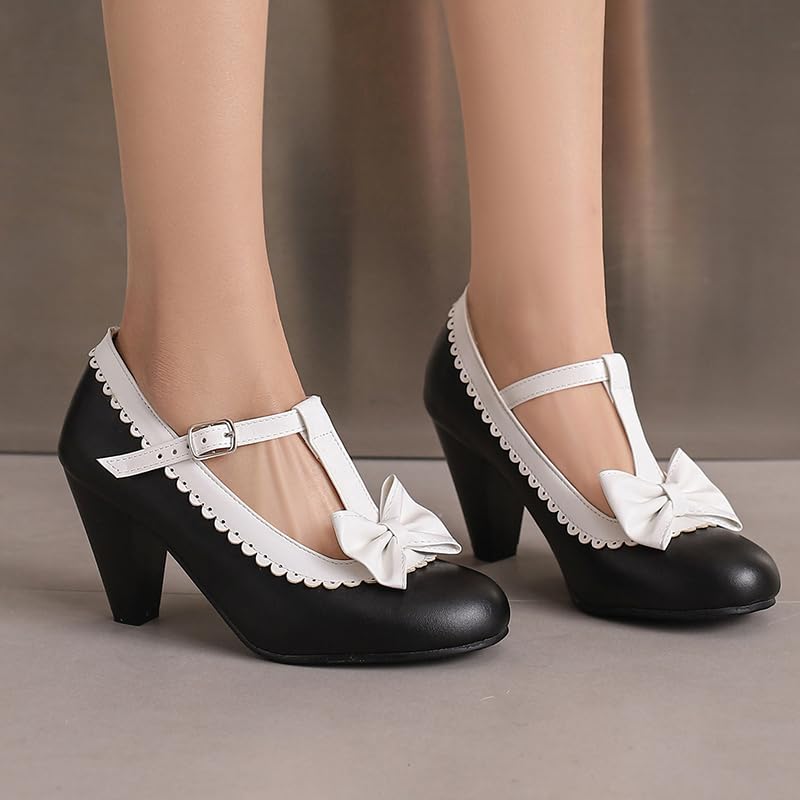 Image of Elbslutt Women's Cute Retro Rockabilly Shoes T Strap Mary Janes Heels Chunky Cosplay Shoes Sweet Block Heeled Bow Pumps
