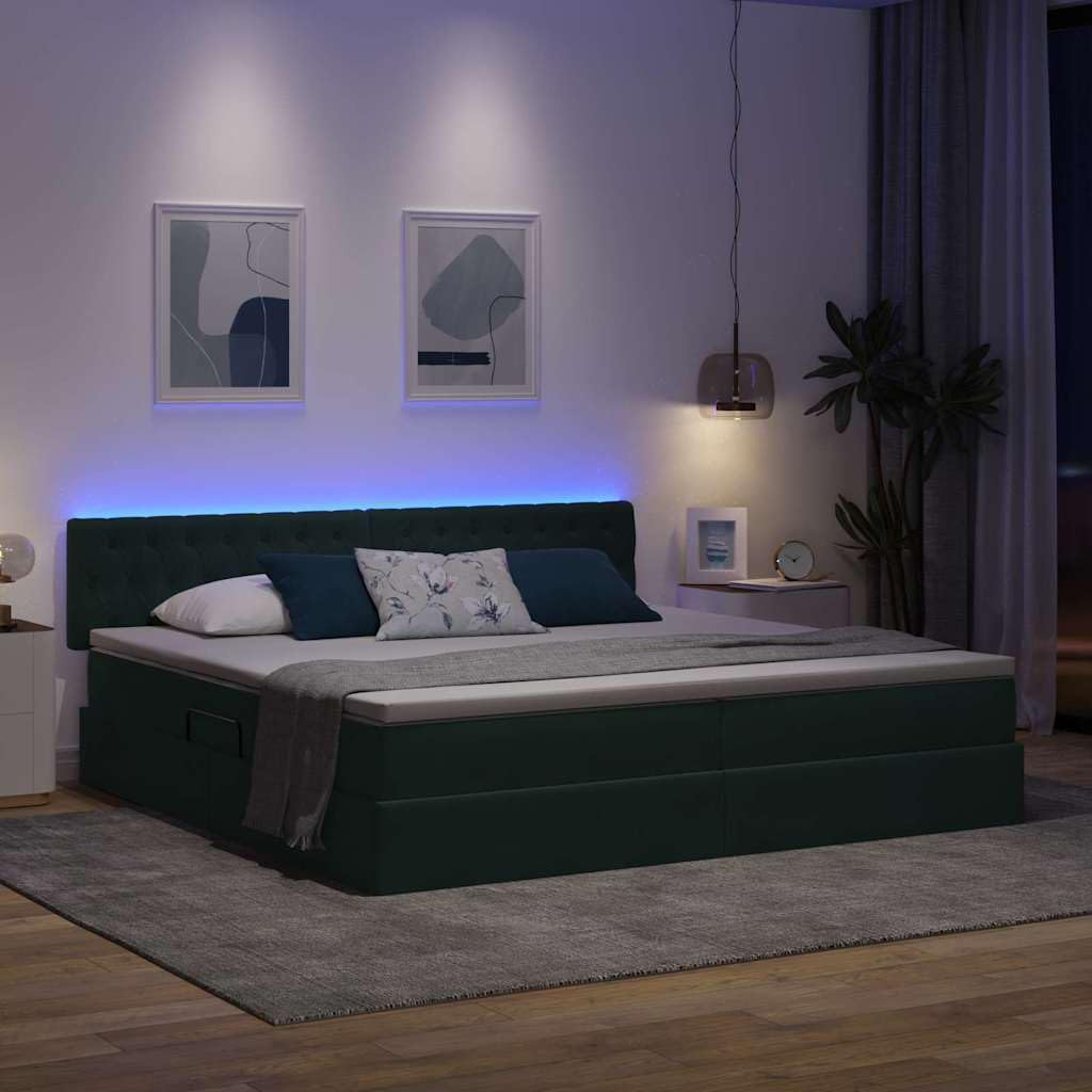 Estructura de cama con espacio de almacenamiento y LED verde oscuro, 200 x 200 cm, terciopelo, con somier y cabecero, mecanismo de elevación hidráulico, doble con tira LED RGB alimentada por