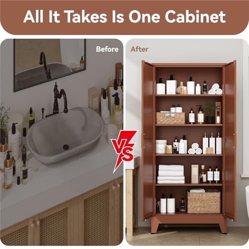 Image of Farmhouse Pantry Cabinet with Barn Doors, 71 inch H x 31.5 inch W, 5-Tier Metal Storage Cabinet with 4 Adjustable Shelves for Kitchen Garage Dining Room,Brown 1 Pack