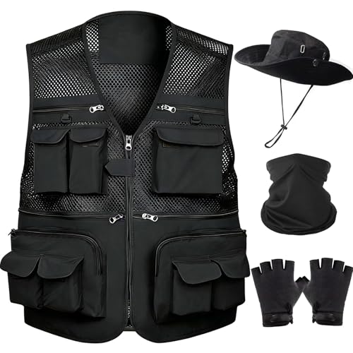 HUNTURE Fishing Vest for Men Black Mesh Vest and Hat Gloves Neck Gaiter for Safari Travel Pocket Lightweight Outdoor Vest