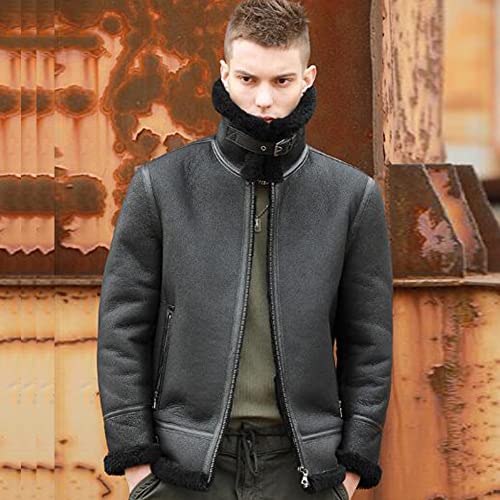 Denny&Dora Men's Black Shearling Jacket Natural Shearling Leather Coat Mens Pilot Jacket4