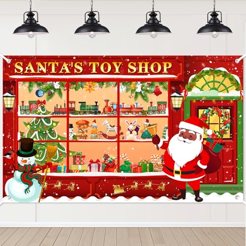 Lecheme Christmas Banner Santa's Toy Shop Backdrop Photo Background Snowman Santa Workshop Christmas Banner Holiday Photo Props Party Decorations