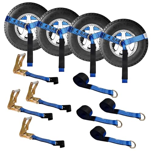 Image of Mega Cargo Control 4 Set 2 inch x 10' Wheel Lift D Ring Lasso Strap w / (4) 2 inch Ratchet, (4) Flat Hook, (4) Lasso Winch Sleeve Protector - (Gift) | Ratcheting Tow Truck & Hauling (Blue)