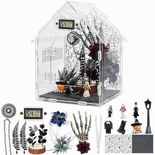 Image of Acrylic Jumping Spider Enclosure with Gothic Decor Kit | magnetic lock, feeding port, climbing wall, hide, plants, and gothic figurines