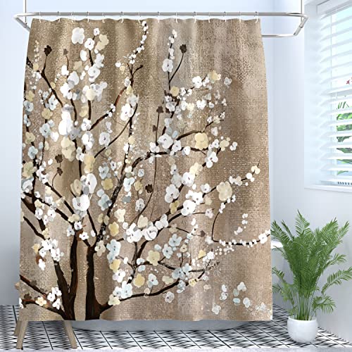 Vcqpdee Flower Shower Curtain 72 X 72 Inches With 12 Hooks Tan Blossom Branches Shower Curtain Sets For Bathtub Bathroom Brown Abstract Floral Fabric Shower Curtains #TOP6