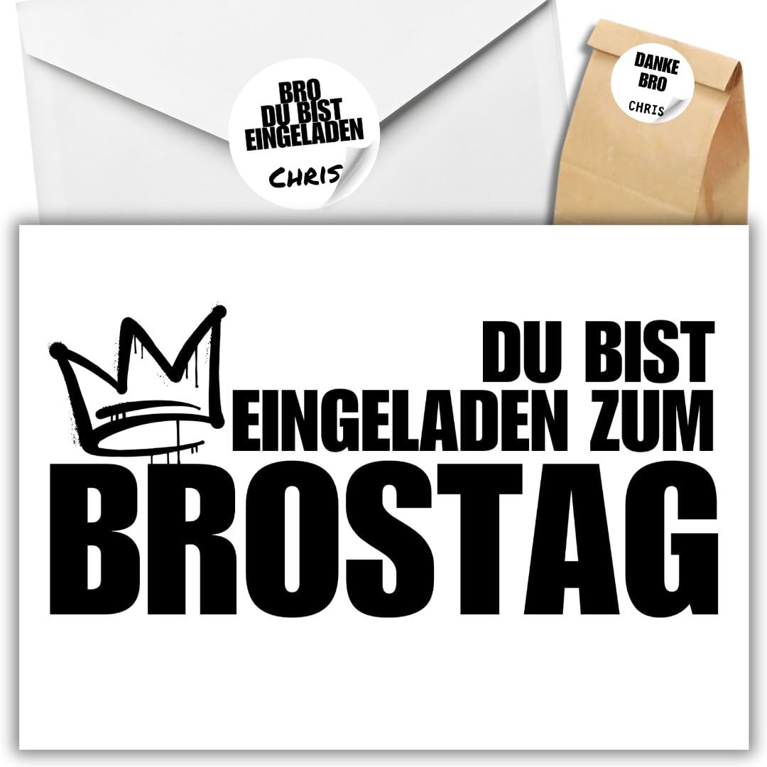 celebr8te 12x zum BROSTAG Geburtstagseinladungen - BRO, DU BIST EINGELADEN - Einladungskarten für Kindergeburtstag Jungen - Teenager Party Einladungskarten +12 Umschläge +24 Sticker +12 Geschenktüten