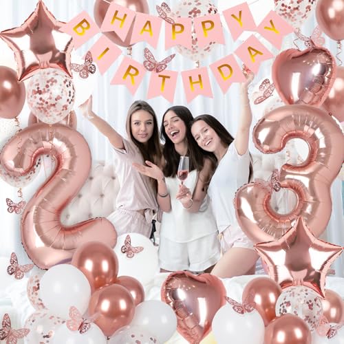 Image of Rose Gold 23th Birthday Decorations for Women, 23 Year Old Sign with Happy Birthday Banner, 40In Number 23 Foil Birthday Balloons, Butterfly Decorations, Heart and Star Balloons