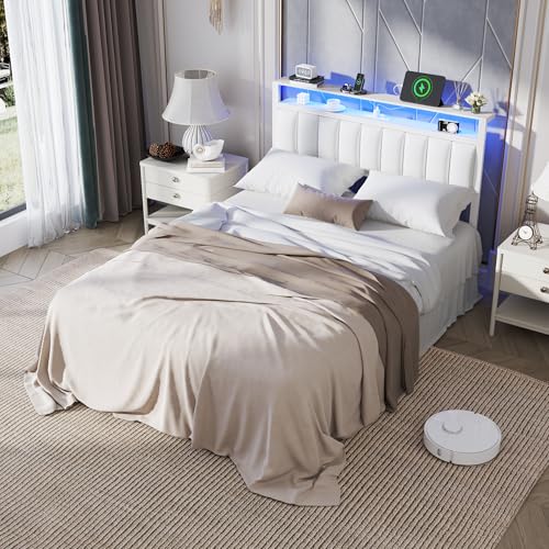 Image of Furnulem White Full Size Bed Frame with Charging Station & Led Lights, PU Leather Upholstered Headboard with 2-Tier Storage Shelves, No Box Spring Needed, Metal Slat Support, Solid and Stable