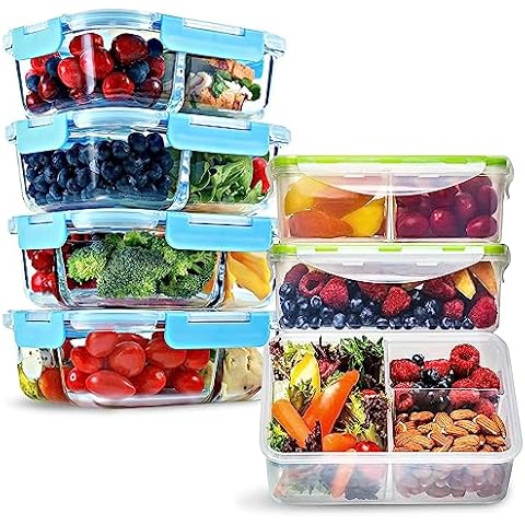 FIT Strong & Healthy 2 & 3 Compartment Glass Meal Prep Containers Glass Bento Box (4 Pack, 32 oz) & Bento Box Meal Prep Containers with Lids, Microwave, Freezer, Dishwasher Safe (3 Pack, 39 oz) Bundle Cover