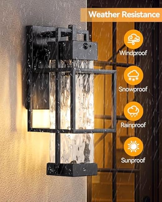 Motion Sensor Outdoor Lights, Dusk to Dawn Outdoor Lighting Exterior Light Fixture with Water Glass, Waterproof Sconce Wall Mount for House Porch Patio Garage, Bulb Included