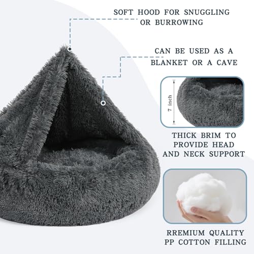 Image of NOYAL Calming Dog Bed for Anxiety, Hooded Donut Cave with Blanket, Plush Fluffy Washable Pet Bed for Small Medium Dogs & Cats