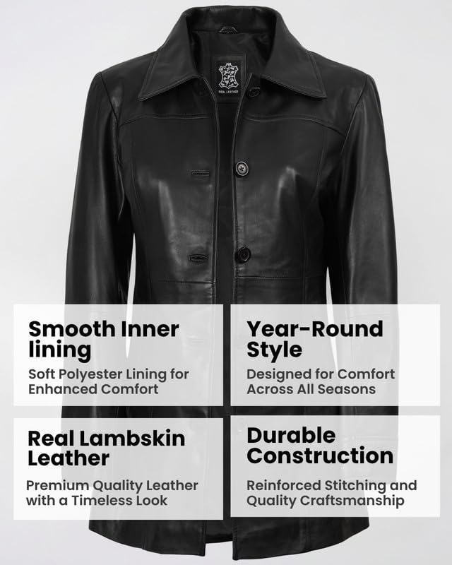 Image of Blingsoul Women's Lambskin Leather Car Coat - Vintage Real Long Leather Jacket for Women