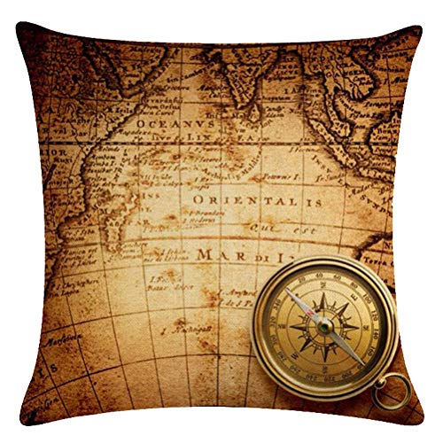 7Colorroom Set Of 2 Vintage World Map Pillow Covers Navigation Compass Square Decorative Throw Pillow Case Cotton Linen Cushion Cover 18”X 18” For Home Sofa Bedding Decoration (Brown Map) #TOP2