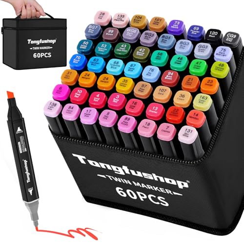 Tongfushop 60 Coloured Marker Set, Dual Tip Permanent Alcohol Markers with Case