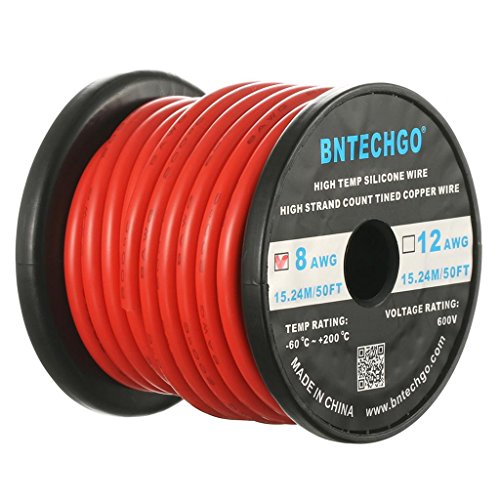 BNTECHGO 8 Gauge Silicone Wire Spool 50 ft Red Flexible 8 AWG Stranded Tinned Copper Wire