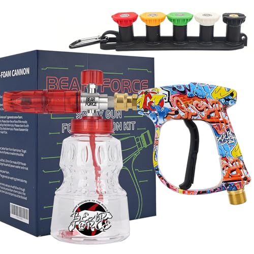 Bear Force Pistola de água para máquina de lavar a pressão M22-ID14 mm e cano de espuma de neve de libertação rápida de 1/4 polegadas, garrafa de 1 litro, perfeita para lavagem de carros e limpeza de
