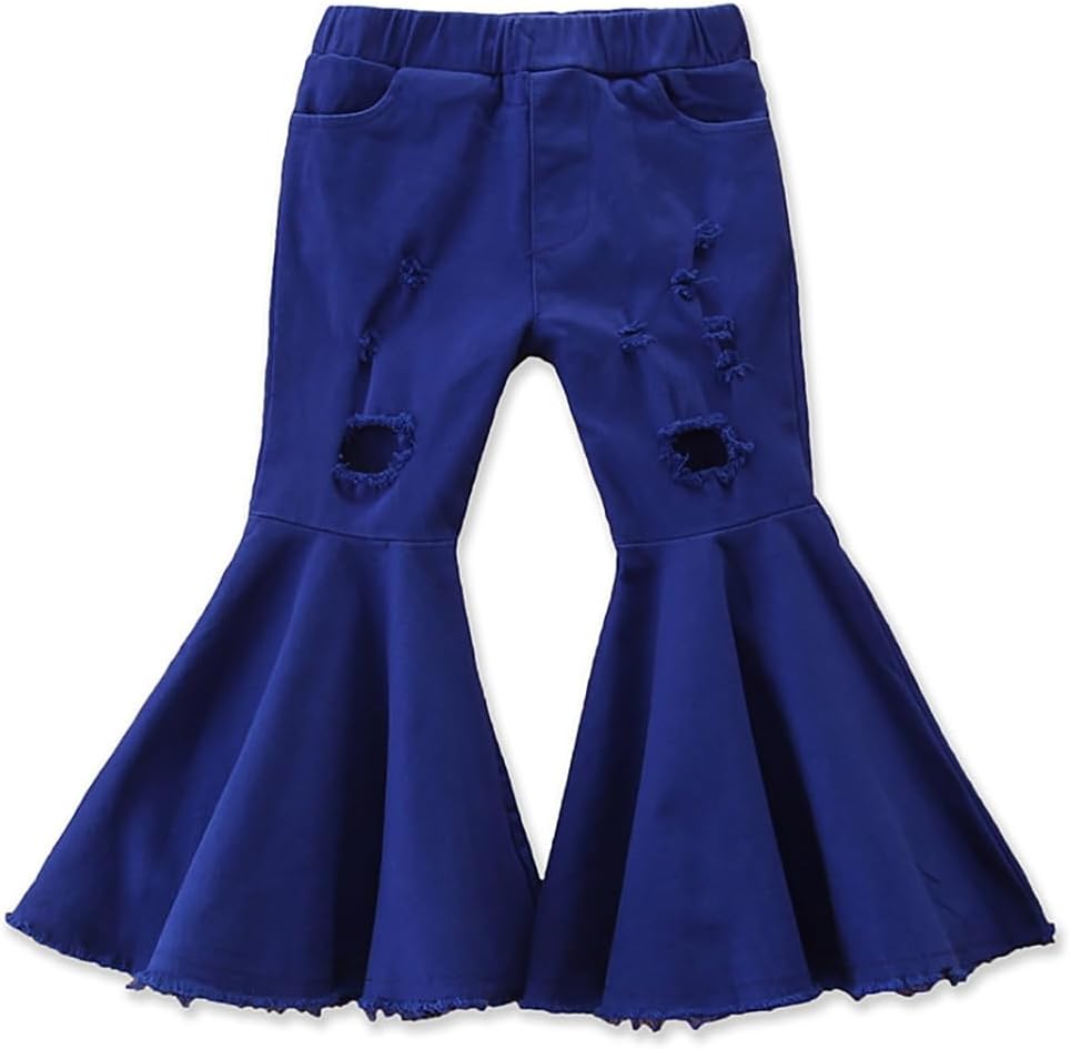 IWEMEK Toddler Girls Ruffle Ripped Jeans Bell Bottom Flare Pants Ripped Denim Leggings Trousers Elastic Waist Ruffle Pants