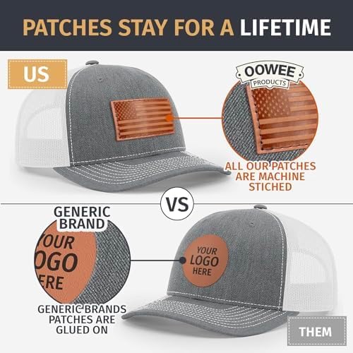 Leather Patch Hat for Men - Richardson 112 Trucker Hat w/Full-Grain Leather Patch, Laser-Engraved, Machine-Stitched - Image 3