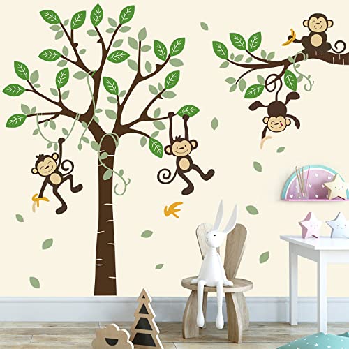 Supzone Monkey Climbing Tree Wall Decals Jungle Animals Wall Stickers Green Tree Vine Wall Decal For Kids Baby Nursery Girl Boy Bedroom Playroom Wall Decor #TOP4