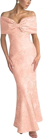 Womens Jacquard Satin Mermaid Maxi Dress Off Shoulder Bodycon Corset Formal Evening Party Dress with Bow
