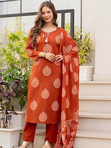 Image of rytras Women Woman Pure Cotton Straight Kurta Sets with Palazzos Pants & Dupatta|Kurti Set for Woman|Suit Set for Women Cotton